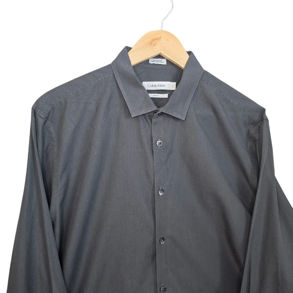 Calvin Klein Shirt Mens Large Gray Button Up Slim Fit Cotton‎ Long Sleeve Career